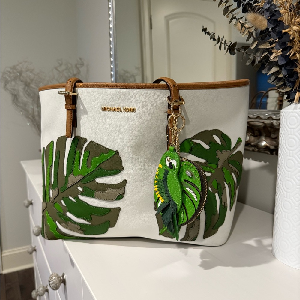 Michael Kors White and Green Leaf Tote